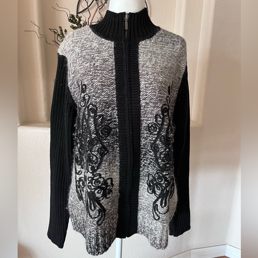Coldwater Creek Cardigan Sweater Full Zip Wool Blend Ribbon Art Womens Size XL